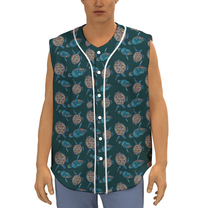 Blue Sea Turtle Pattern Print Sleeveless Baseball Jersey