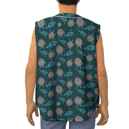 Blue Sea Turtle Pattern Print Sleeveless Baseball Jersey