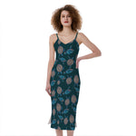 Blue Sea Turtle Pattern Print Slim Fit Midi Cami Dress
