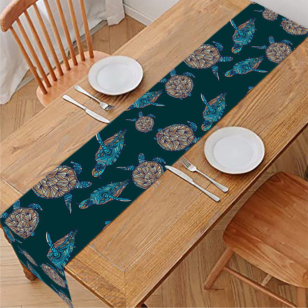 Blue Sea Turtle Pattern Print Table Runner