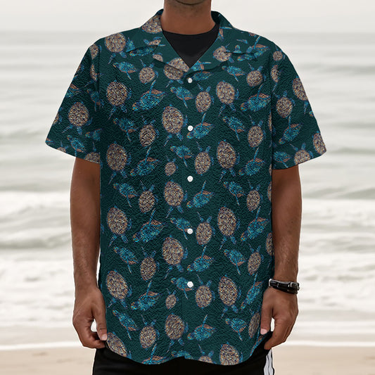 Blue Sea Turtle Pattern Print Textured Short Sleeve Shirt