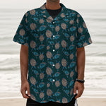 Blue Sea Turtle Pattern Print Textured Short Sleeve Shirt