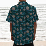 Blue Sea Turtle Pattern Print Textured Short Sleeve Shirt