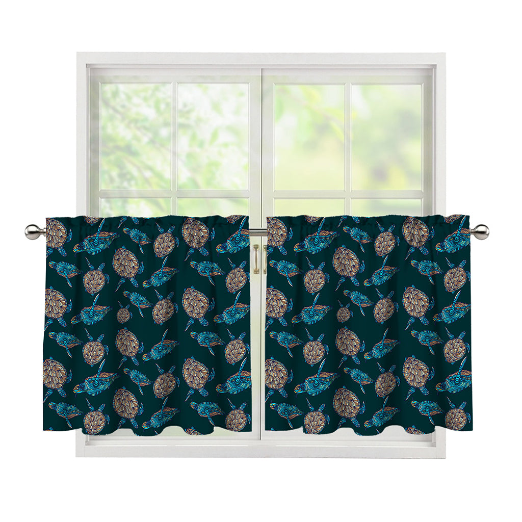 Blue Sea Turtle Pattern Print Tier Curtains