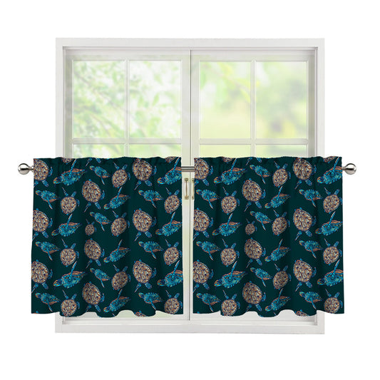 Blue Sea Turtle Pattern Print Tier Curtains