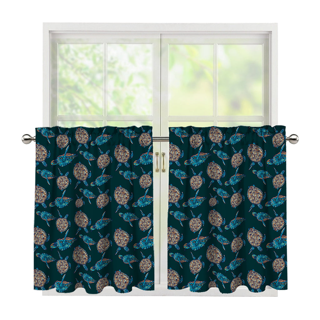 Blue Sea Turtle Pattern Print Tier Curtains