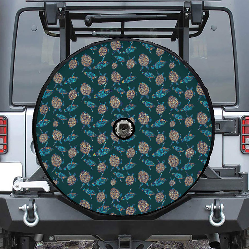 Blue Sea Turtle Pattern Print Tire Cover With Camera Hole