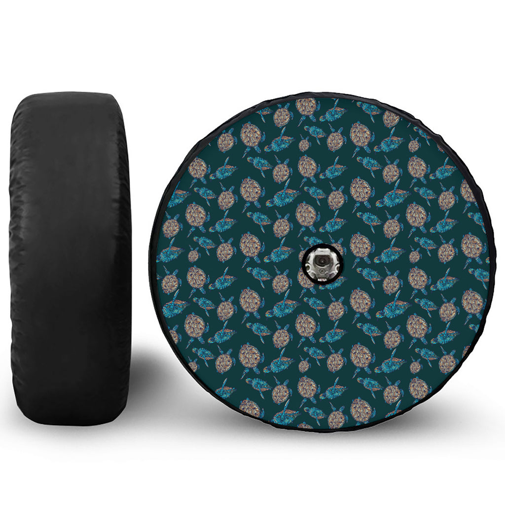 Blue Sea Turtle Pattern Print Tire Cover With Camera Hole