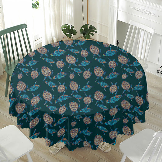 Blue Sea Turtle Pattern Print Waterproof Round Tablecloth