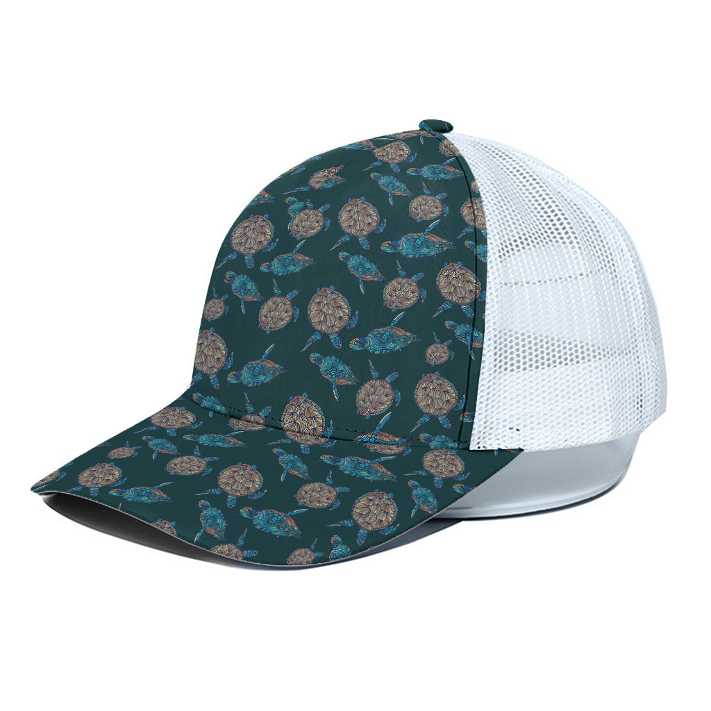 Blue Sea Turtle Pattern Print White Mesh Trucker Cap