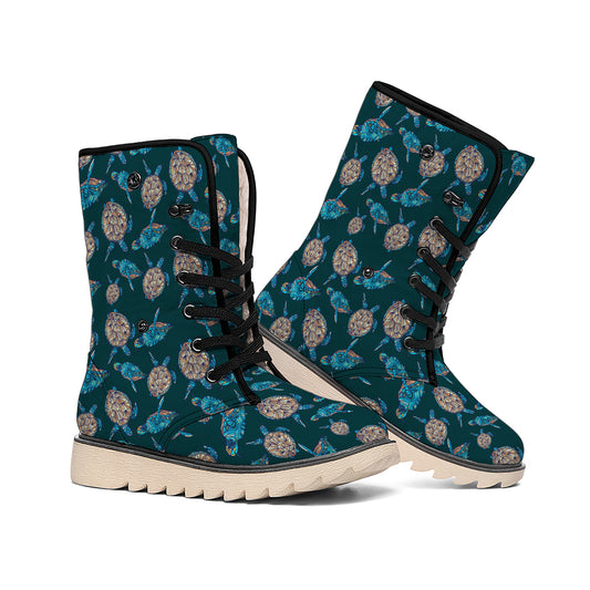 Blue Sea Turtle Pattern Print Winter Boots