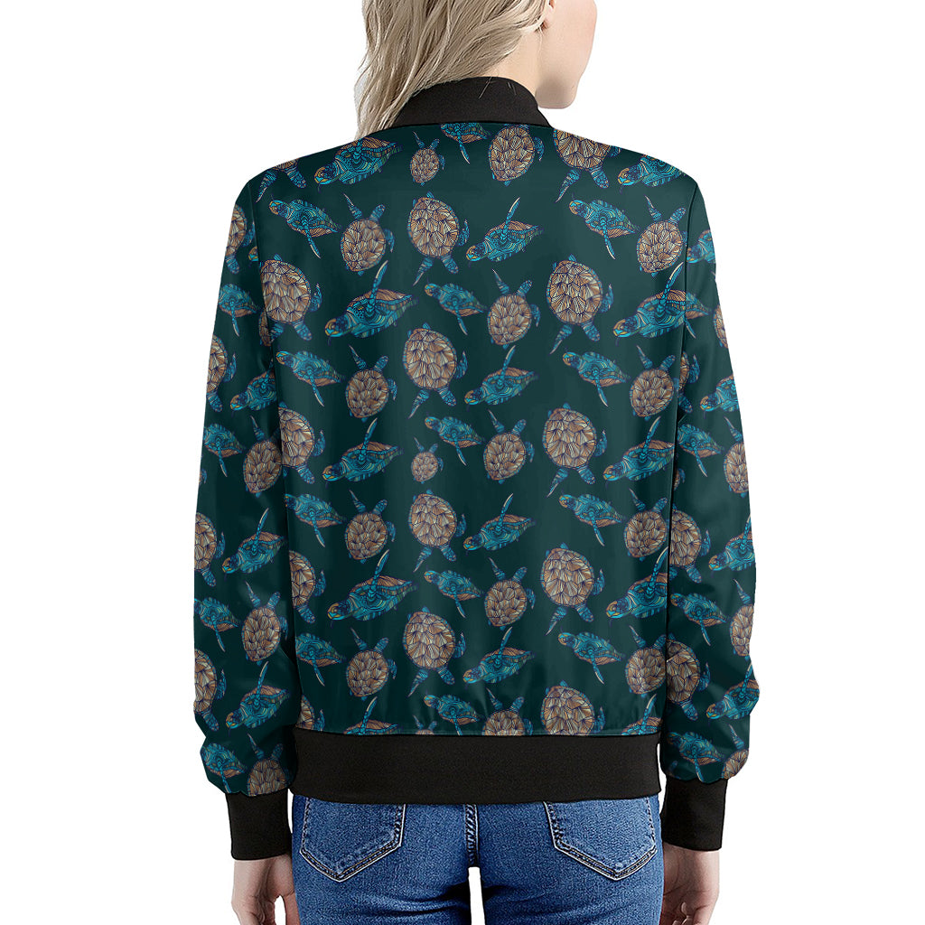 Blue Sea Turtle Pattern Print Women's Bomber Jacket