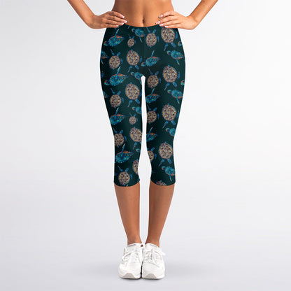 Blue Sea Turtle Pattern Print Women's Capri Leggings