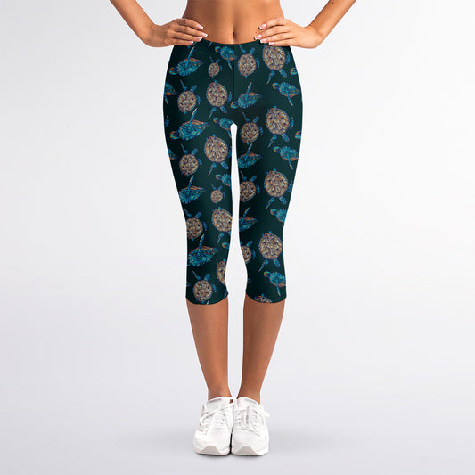 Blue Sea Turtle Pattern Print Women's Capri Leggings