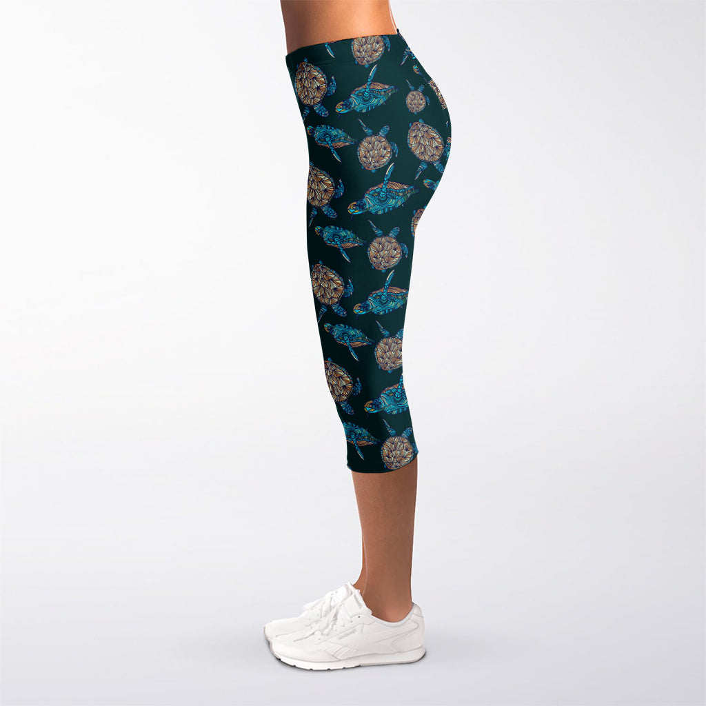 Blue Sea Turtle Pattern Print Women's Capri Leggings