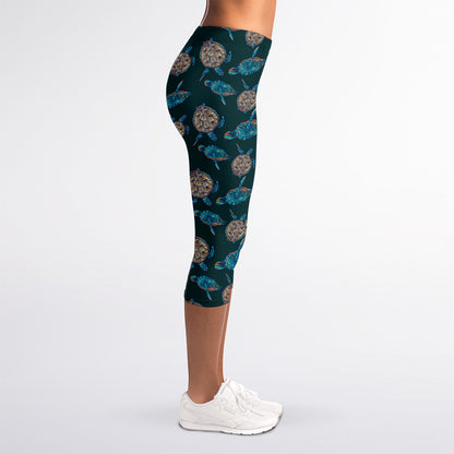 Blue Sea Turtle Pattern Print Women's Capri Leggings