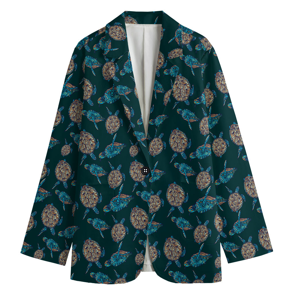 Blue Sea Turtle Pattern Print Women's Cotton Blazer