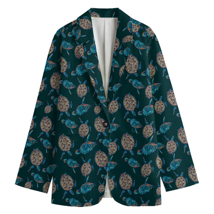 Blue Sea Turtle Pattern Print Women's Cotton Blazer