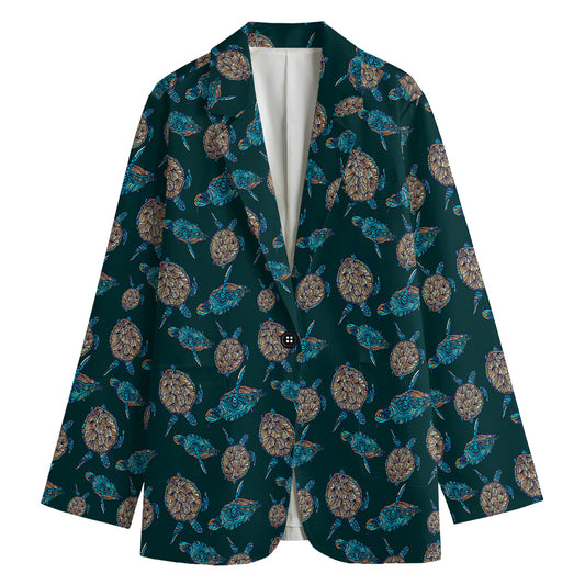 Blue Sea Turtle Pattern Print Women's Cotton Blazer