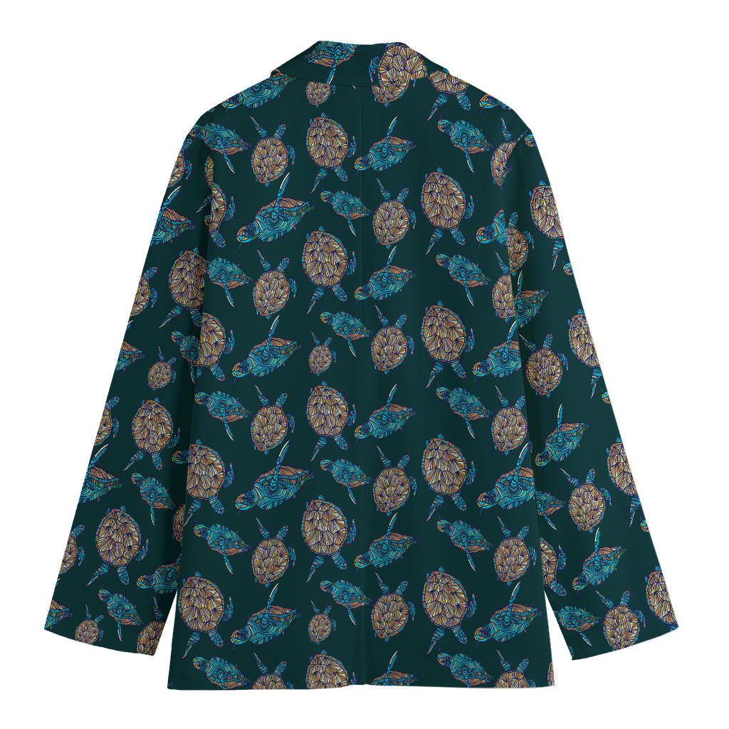 Blue Sea Turtle Pattern Print Women's Cotton Blazer