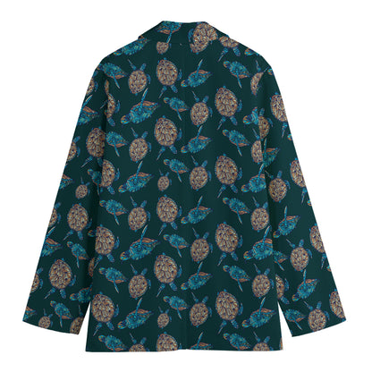 Blue Sea Turtle Pattern Print Women's Cotton Blazer