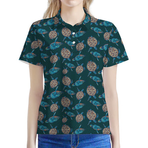 Blue Sea Turtle Pattern Print Women's Polo Shirt