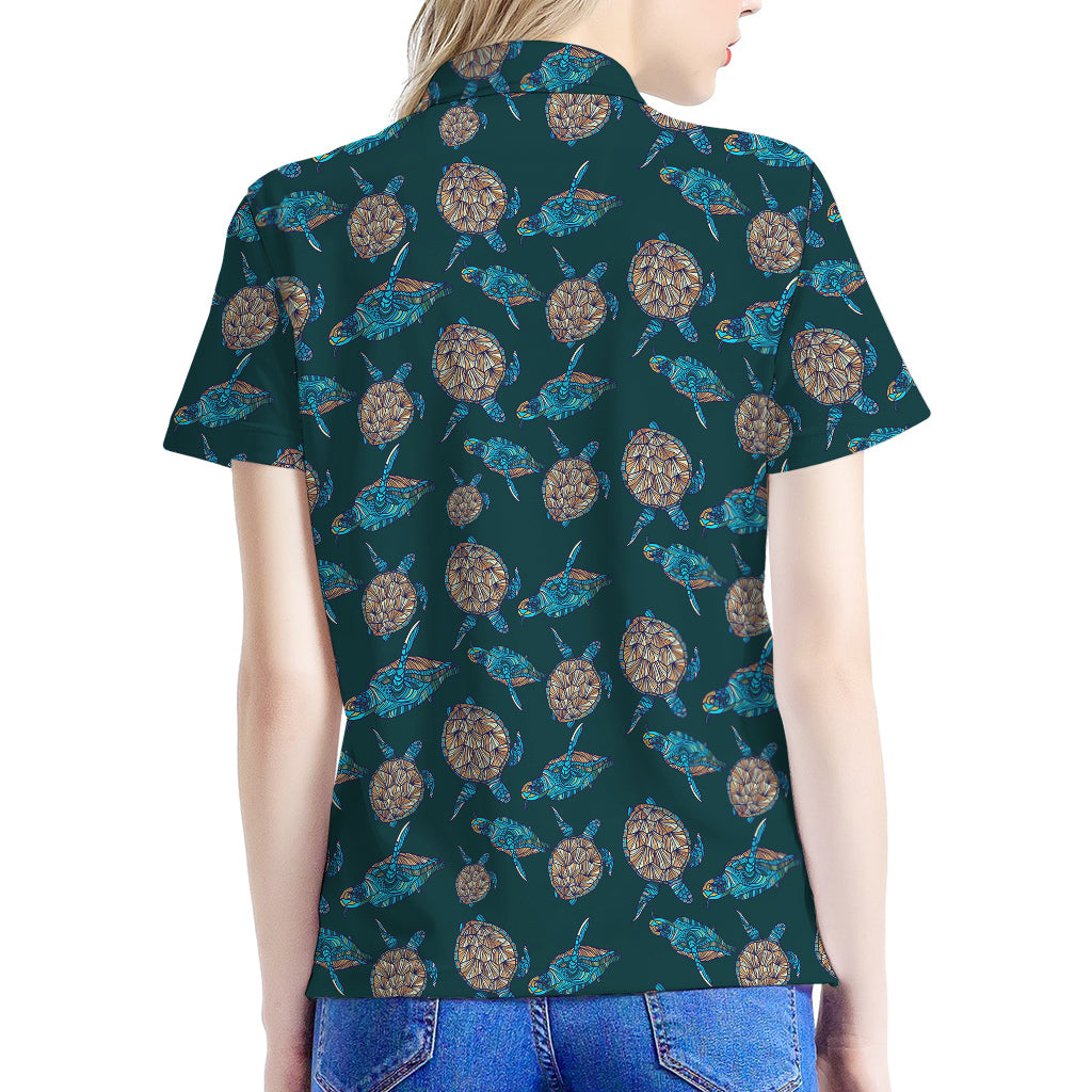 Blue Sea Turtle Pattern Print Women's Polo Shirt