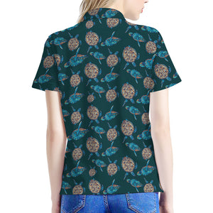 Blue Sea Turtle Pattern Print Women's Polo Shirt