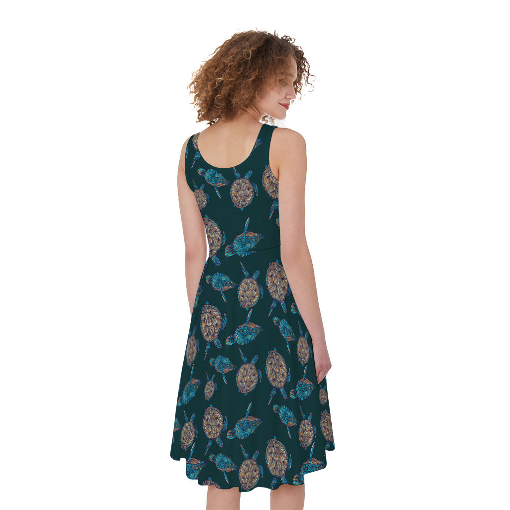 Blue Sea Turtle Pattern Print Women's Sleeveless Dress
