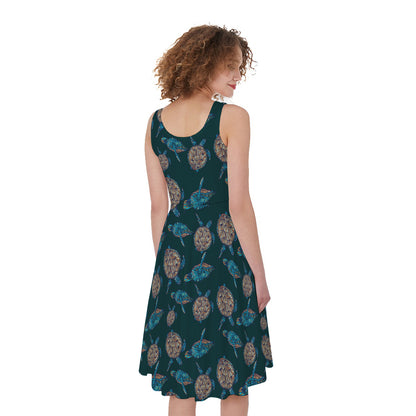 Blue Sea Turtle Pattern Print Women's Sleeveless Dress