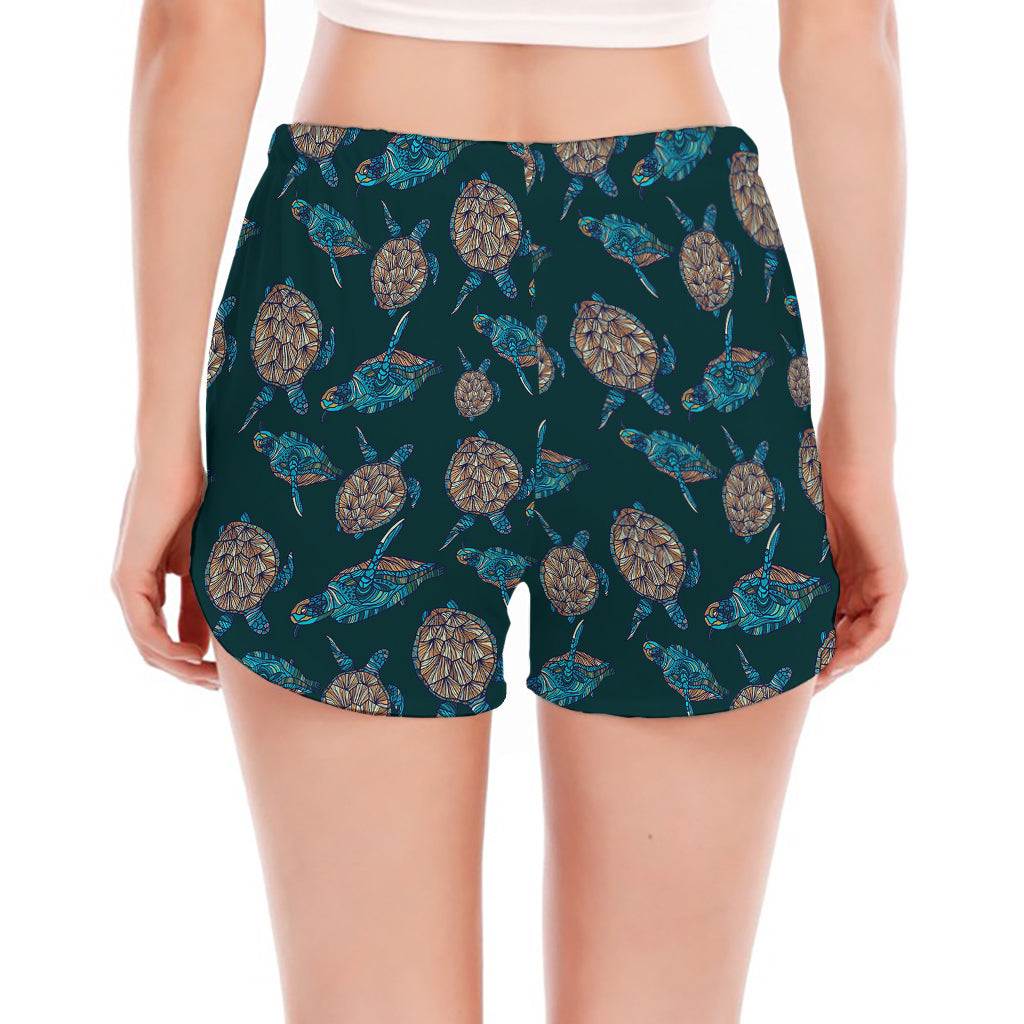 Blue Sea Turtle Pattern Print Women's Split Running Shorts