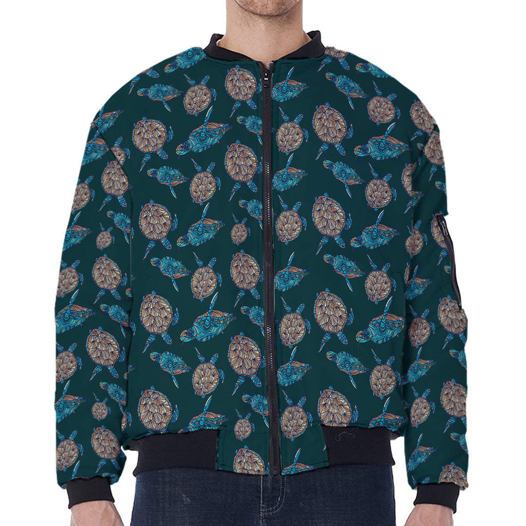 Blue Sea Turtle Pattern Print Zip Sleeve Bomber Jacket