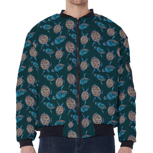 Blue Sea Turtle Pattern Print Zip Sleeve Bomber Jacket