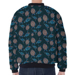 Blue Sea Turtle Pattern Print Zip Sleeve Bomber Jacket