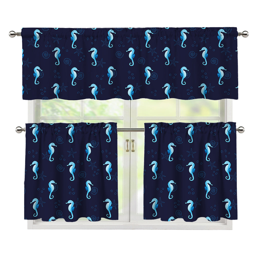 Blue Seahorse Pattern Print 3 Piece Kitchen Curtains