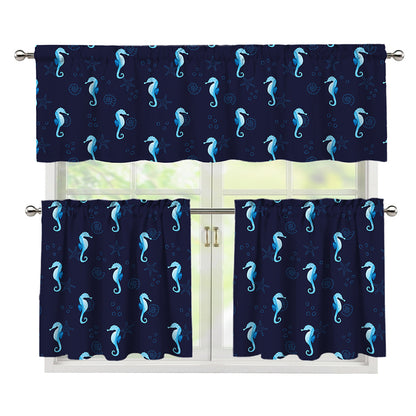 Blue Seahorse Pattern Print 3 Piece Kitchen Curtains