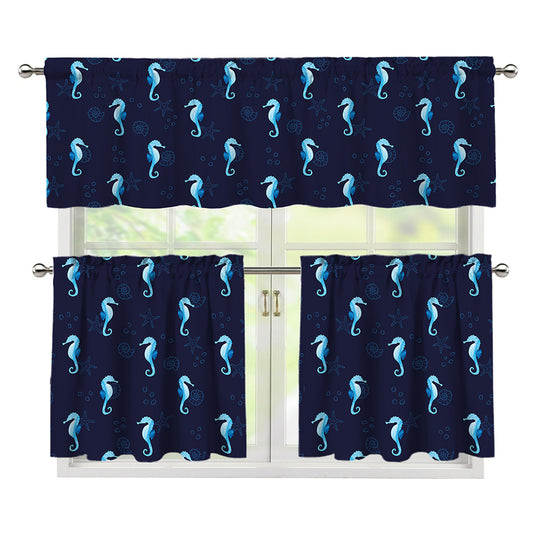 Blue Seahorse Pattern Print 3 Piece Kitchen Curtains