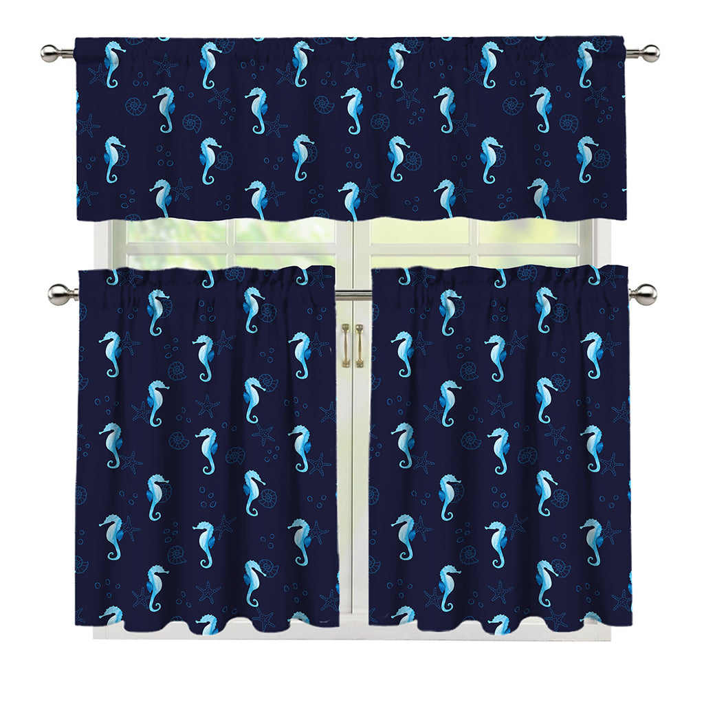 Blue Seahorse Pattern Print 3 Piece Kitchen Curtains