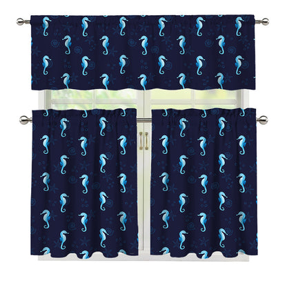 Blue Seahorse Pattern Print 3 Piece Kitchen Curtains