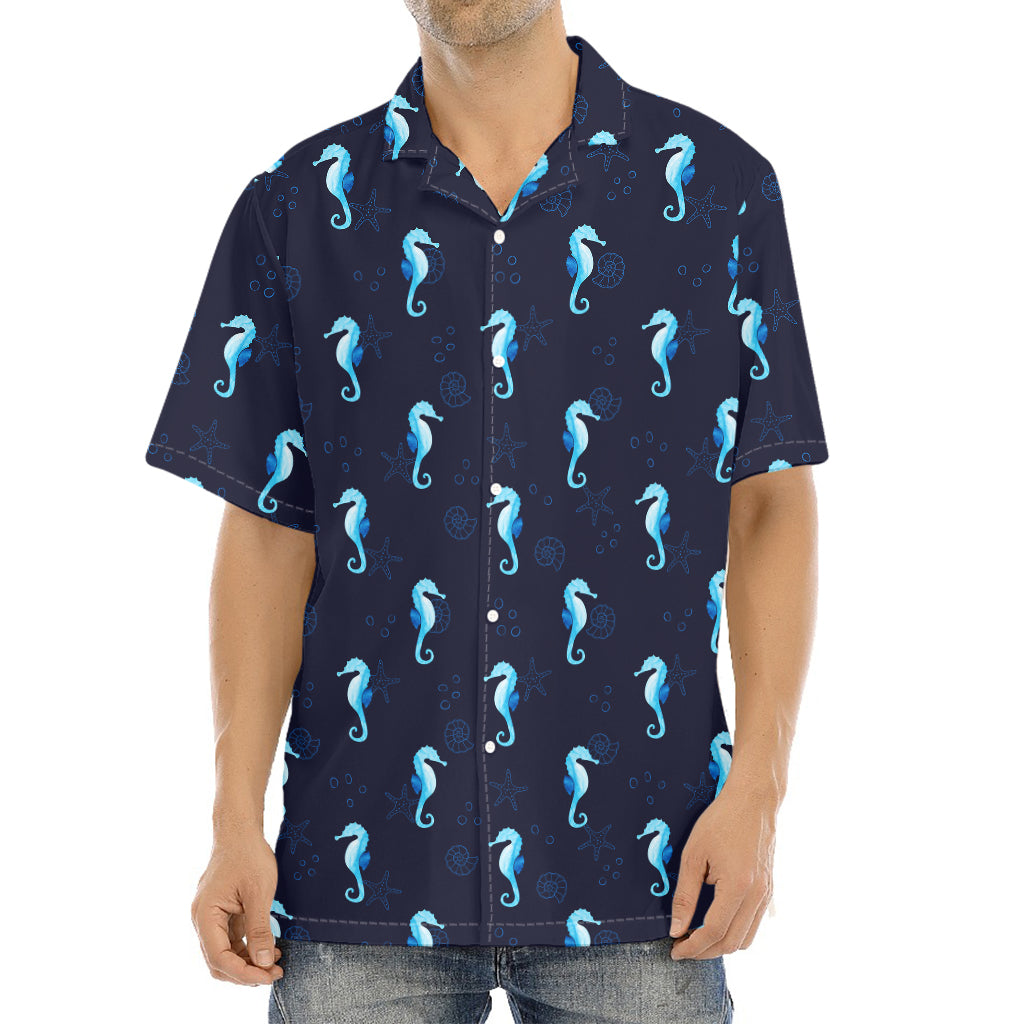 Blue Seahorse Pattern Print Aloha Shirt