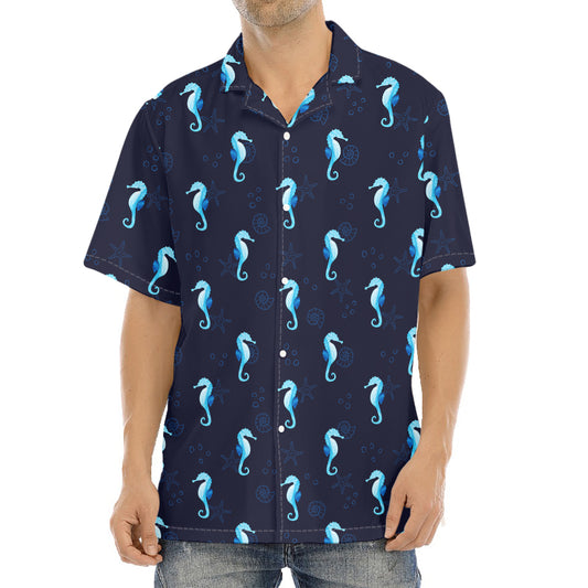 Blue Seahorse Pattern Print Aloha Shirt