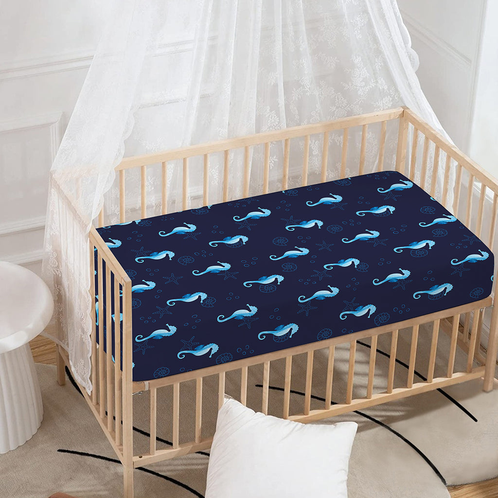 Blue Seahorse Pattern Print Baby Crib Sheet