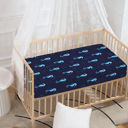 Blue Seahorse Pattern Print Baby Crib Sheet