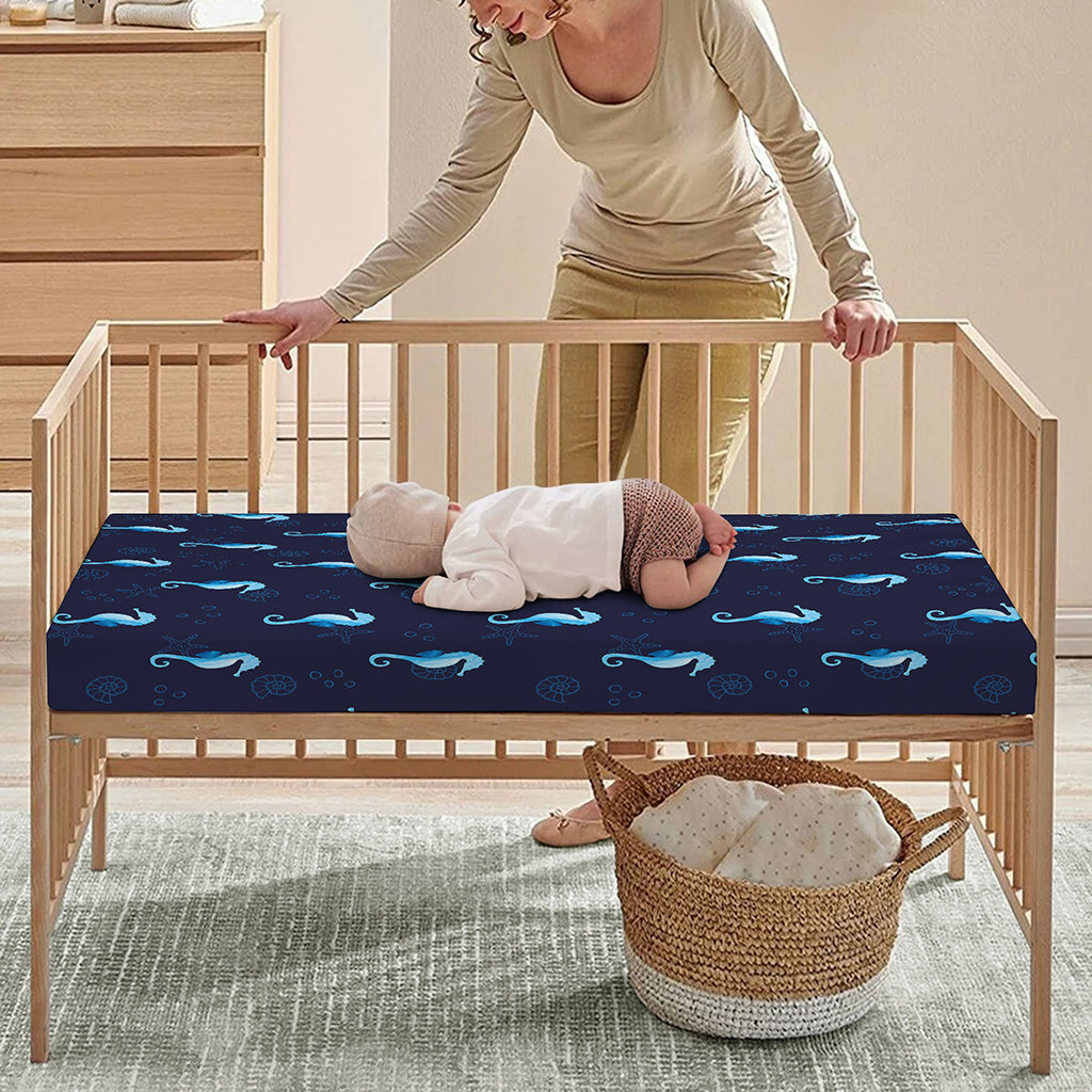 Blue Seahorse Pattern Print Baby Crib Sheet