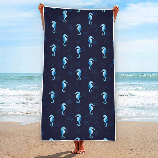 Blue Seahorse Pattern Print Beach Towel