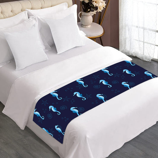 Blue Seahorse Pattern Print Bed Runner