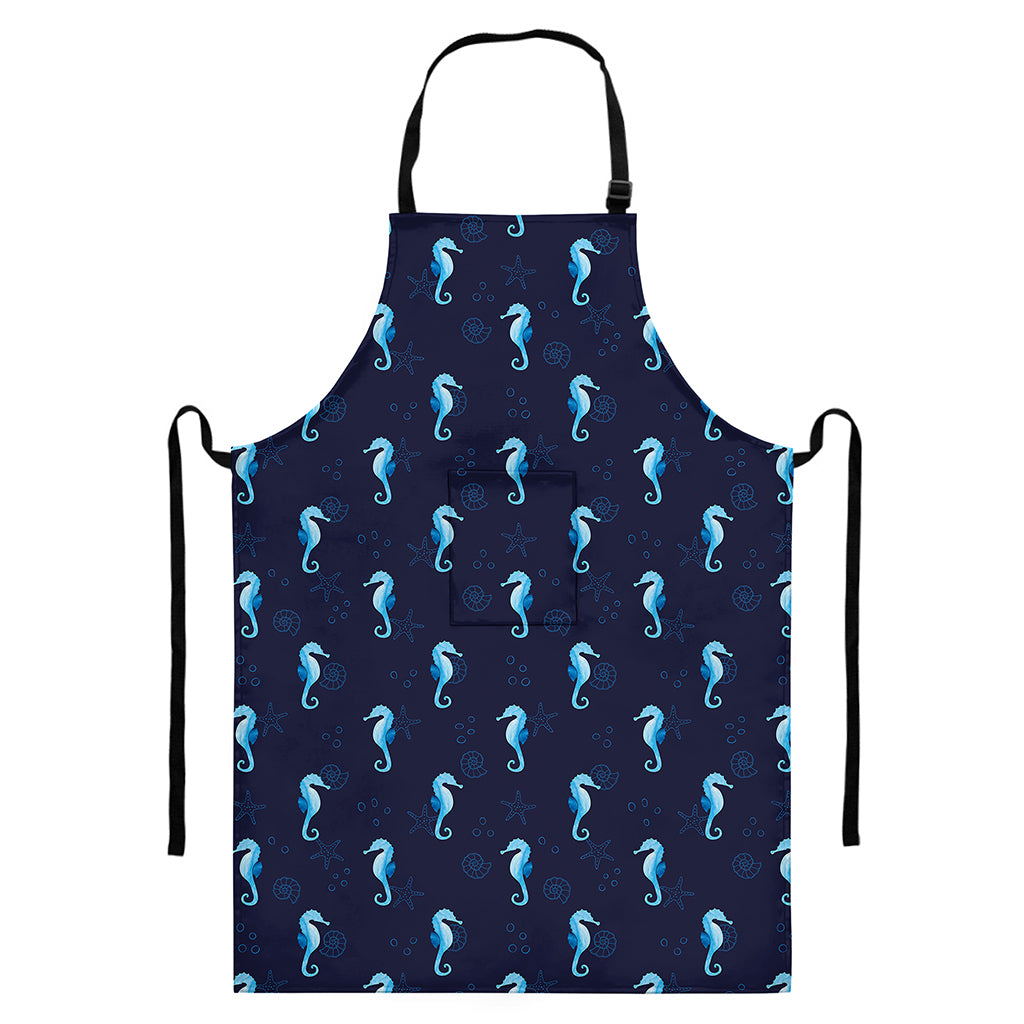Blue Seahorse Pattern Print Bib Apron With Pocket
