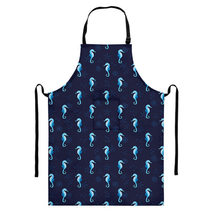 Blue Seahorse Pattern Print Bib Apron With Pocket