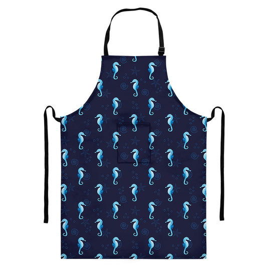 Blue Seahorse Pattern Print Bib Apron With Pocket