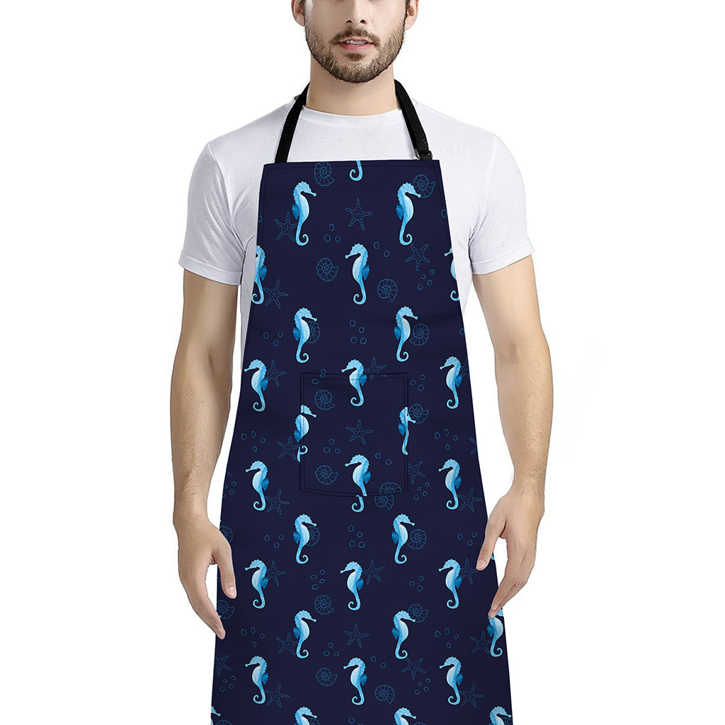 Blue Seahorse Pattern Print Bib Apron With Pocket
